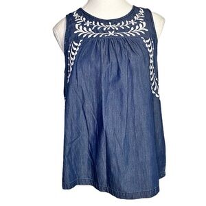 Blue Rain Embellished Denim Chambray Sleeveless Tank Top